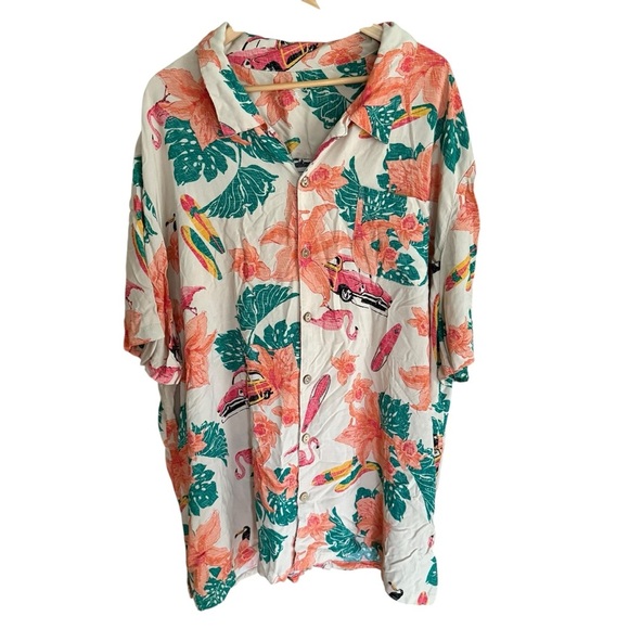 Hawaiian Mens Shirt KS Island flamingo Green Orange Floral Short Sleeve 4X - Picture 2 of 13